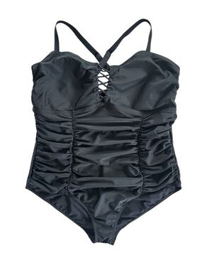 Torrid Slim Fix Wireless Lattice One Piece Swimsuit Black Tummy Control Size 3